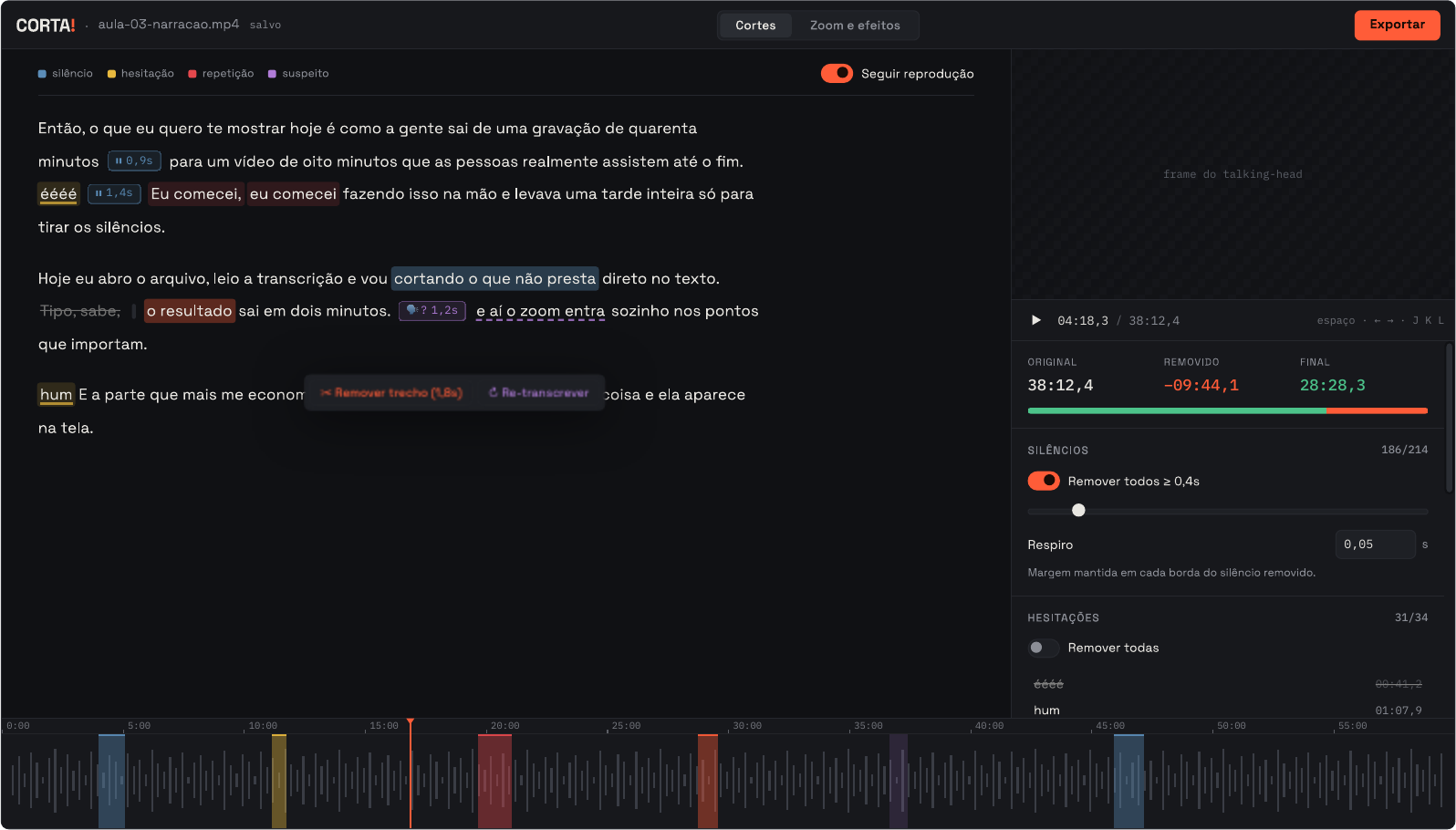 Editor do Zotu com transcrição marcada, player e linha do tempo sincronizada